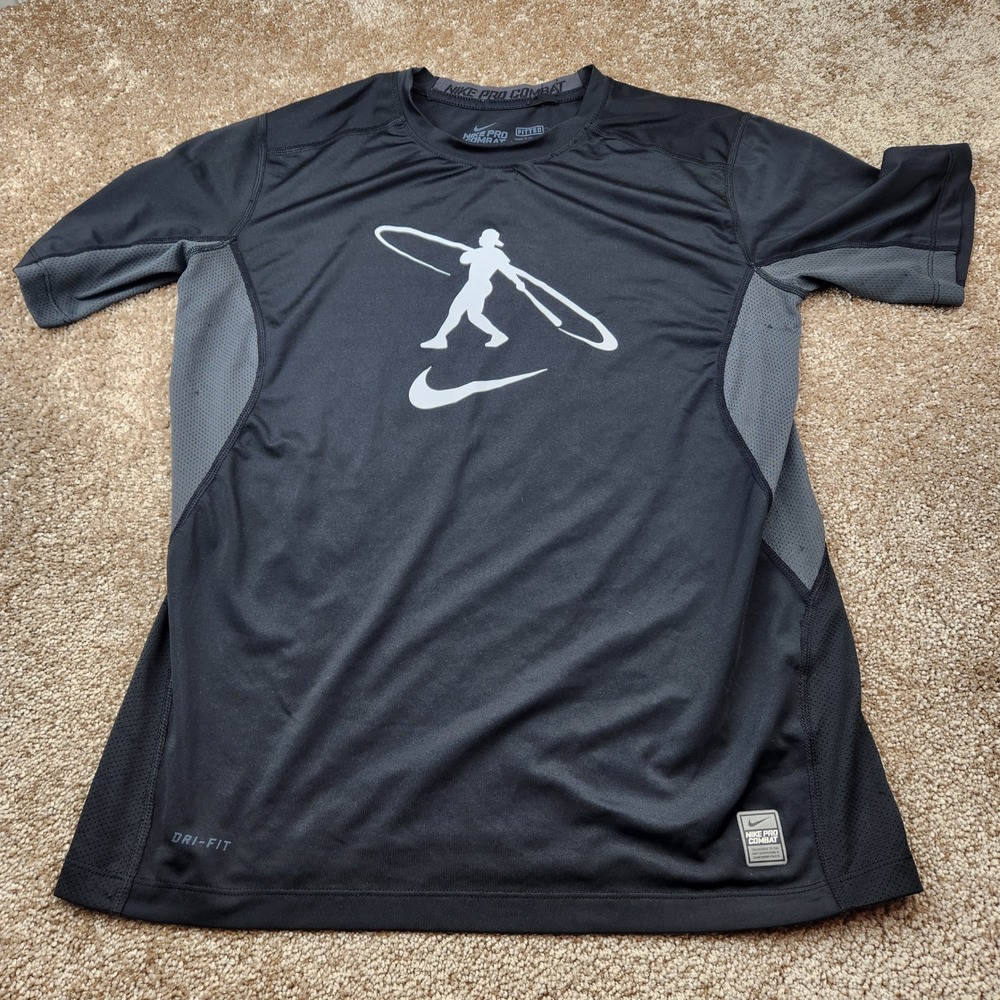 Nike Pro Combat Dri-FIT Baseball Graphic Shirt Black Grey Kids XL Fitted